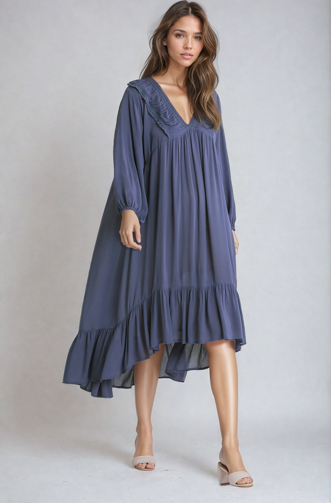 Ruffle Long sleeve V neck Midi Dress  – Autumn Grove Clothing