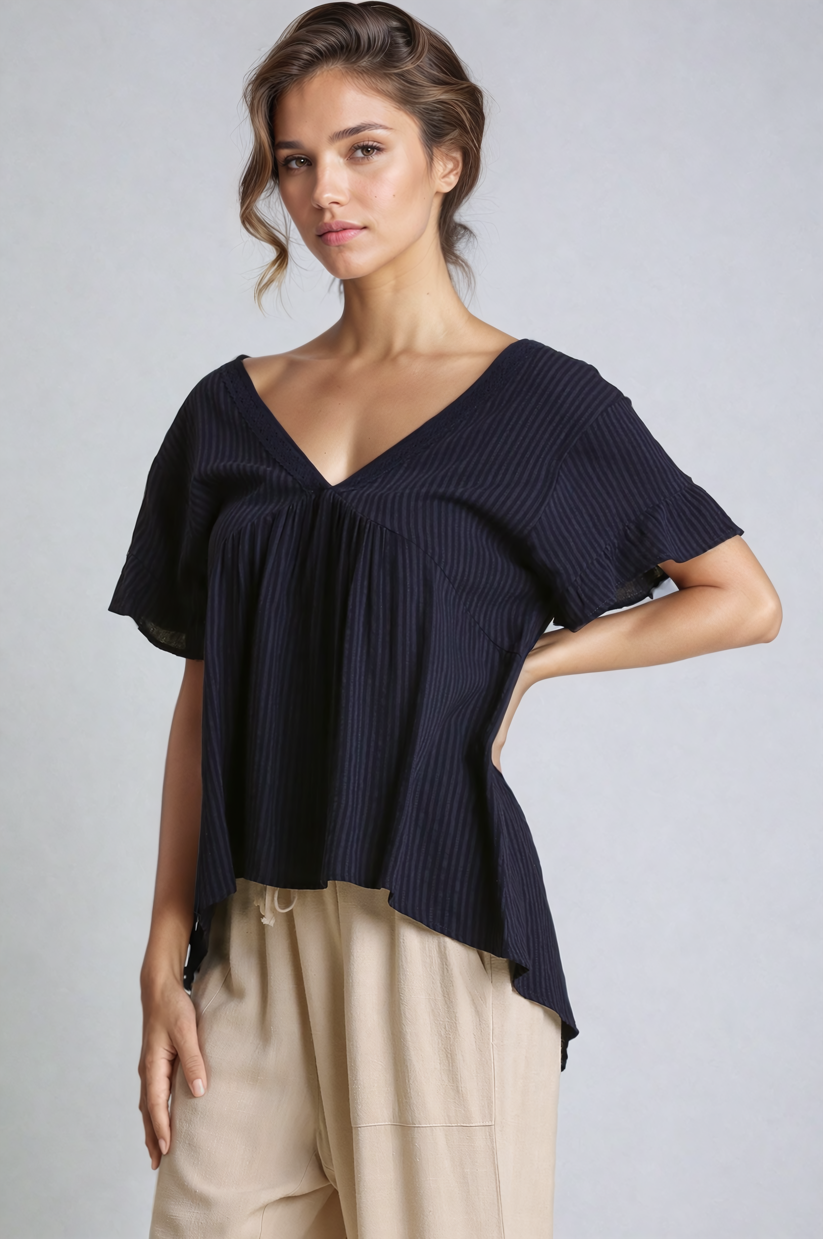 Short Sleeve V Neck Tops In Navy – Autumn Grove Clothing