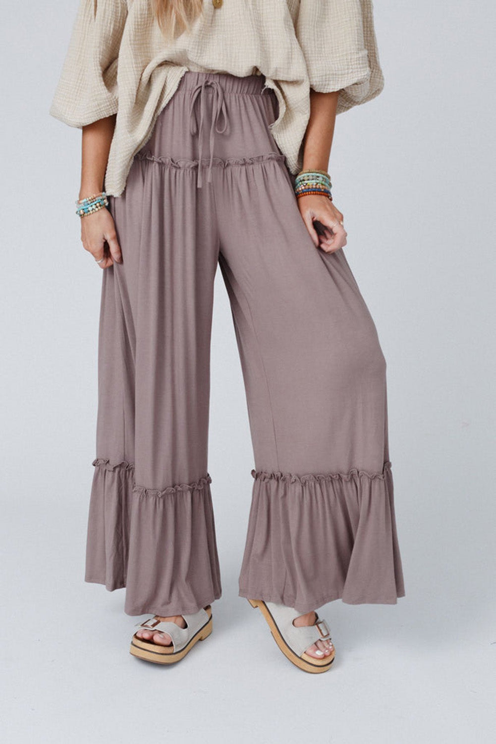 khaki rose frilled pants